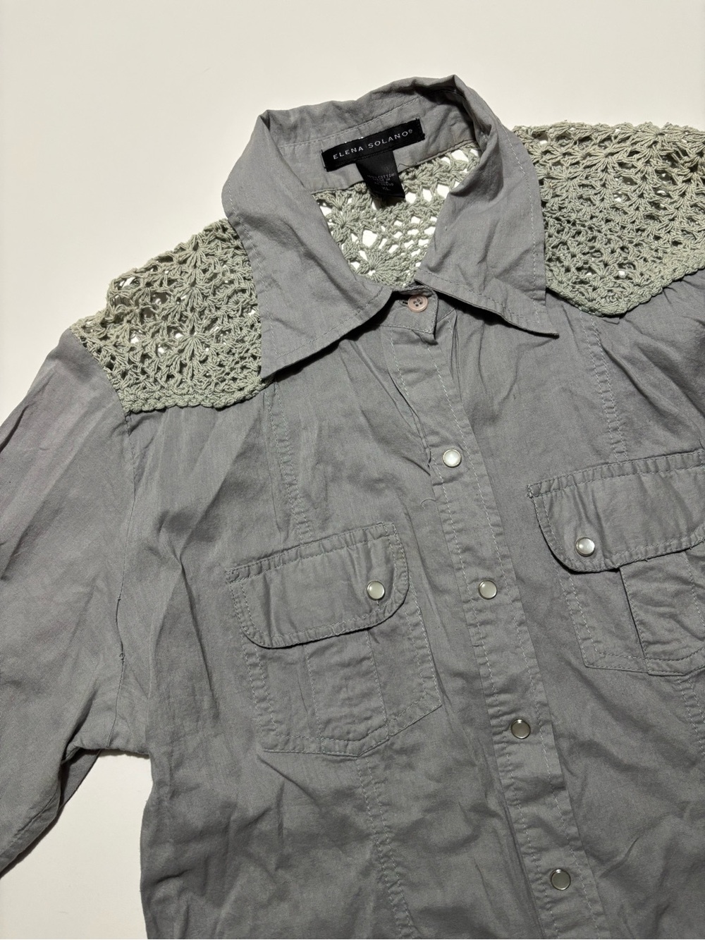 Elena Solano Gray Pearl Snap Button Up Crochet Shoulders Cotton 3/4 Sleeve